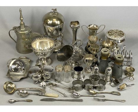 PLATED ITEMS/METALWARE including EPNS egg coddler on stand with burner, EPBM helmet shaped sugar basin, four slice toast rack