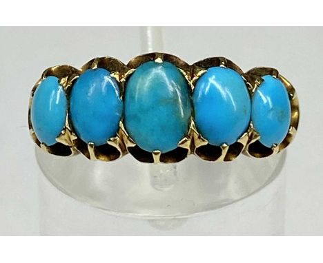9CT GOLD RING set with band of five turquoise, size M, 4.8gms Provenance: private collection Ynys Môn
