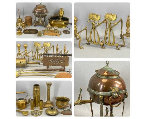 LARGE GROUP OF METALWARE including Regency copper and brass samovar with lion mask ring handles, 35cms (h), pair of Art Nouve