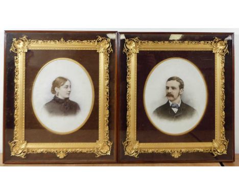 A pair of Victorian heightened portrait prints, depicting a young man and woman, each as ovals, 29 x 24cm, within gilt gesso 