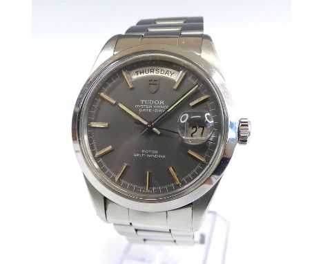 A gent's stainless steel Tudor Oyster Prince date-day rotor self-winding bracelet watch, having a silvered signed calendar di