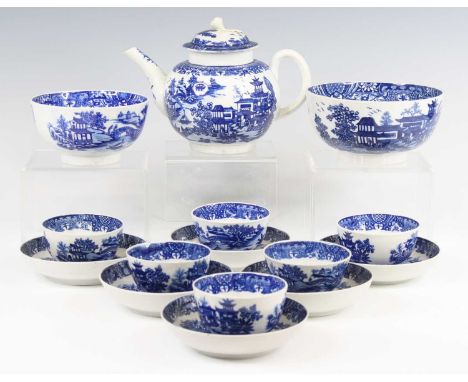 A Worcester porcelain teapot and cover, circa 1775-80, of bullet shape, blue and white printed in the Bandstand pattern, havi