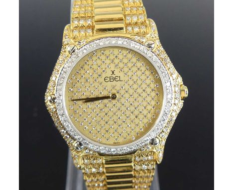 An 18ct yellow gold Ebel diamond set quartz dress watch, the round champagne dial pavé set with 78 single cut diamonds, 56 ro