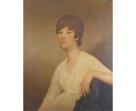 Late 19th century English school - Half-length portrait of a young woman seated wearing a white dress, oil on canvas, 76 x 62