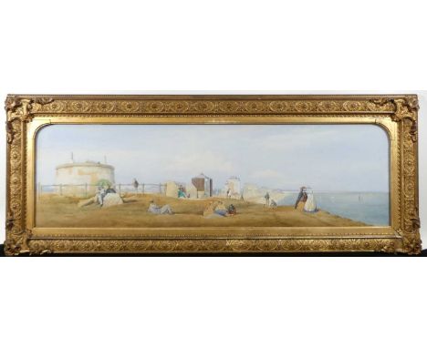 Follower of William Powell Frith (1819-1909) - Bathers on the English coast, watercolour heightened with white, 27 x 93cm