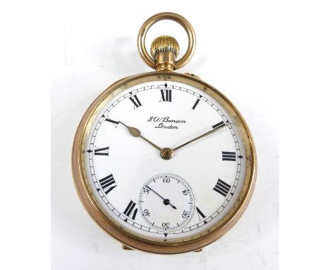 JW Benson of London - a gent's 9ct gold cased open faced pocket watch, having a signed white enamel Roman dial, subsidiary se