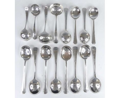A suite of Mappin &amp; Webb silver spoons, in the Grecian Art Deco pattern, comprising eight tablespoons, four dessert spoon