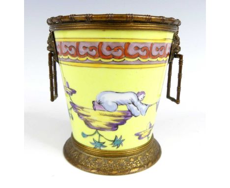 A late 18th century rare Sinceny of Rouen porcelain beaker, decorated in the Japanese taste on a yellow ground, gilt metal mo