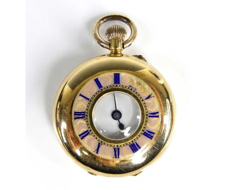 An 18ct yellow gold lady's keyless half hunter fob watch, having a round white Roman dial and outer Roman bezel with pink and