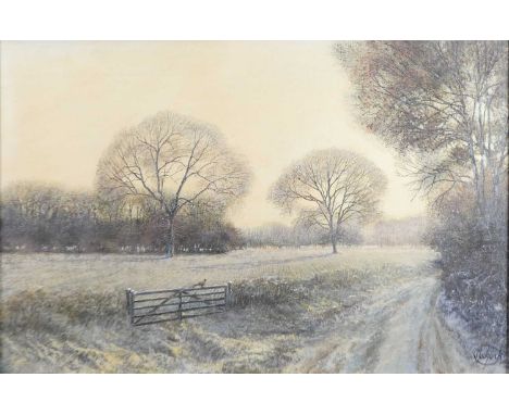 Clive Madgwick (1934-2005) - Lone pheasant upon a gate in a winter landscape, oil on canvas, signed lower right, 40 x 60cmDim