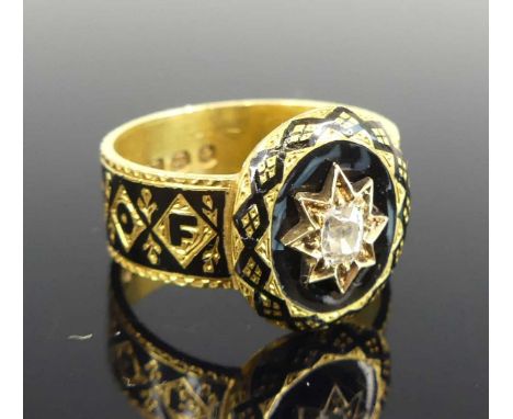 An 18ct yellow gold Victorian diamond mourning ring, comprising a centre oval panel with black enamel inlay and an oval cut d