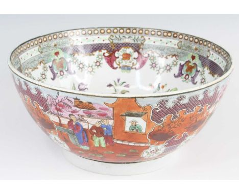 A pearlware punch bowl, circa 1790-1800, decorated in the Boy at the Window pattern, possibly Miles Mason, dia.28.5cm.Fine ap