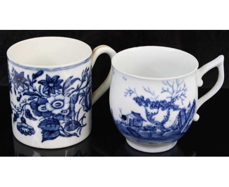 A Worcester porcelain coffee can, circa 1770, underglaze blue decorated in the Three Flowers pattern, having blue crescent ma