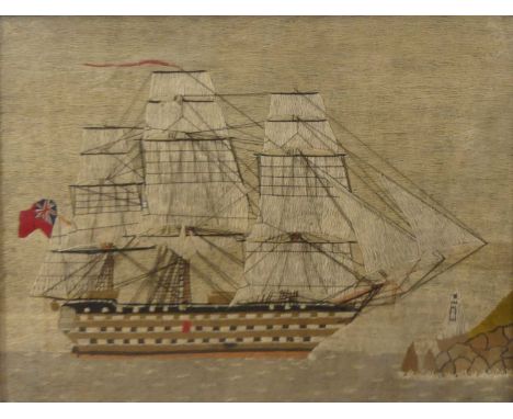 A 19th century sailor's woolwork, depicting a three-masted clipped ship heading home with lighthouse and coastline in view, 3
