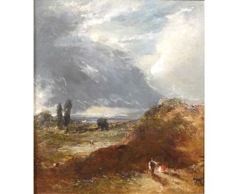 After John Constable (1776-1837) - Figures in a landscape with storm clouds gathering, oil on canvas (re-lined), 25 x 23cm 