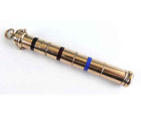 A Victorian yellow metal and enamel three-colour propelling pencil, with mechanical twist action to propel the red, blue and 