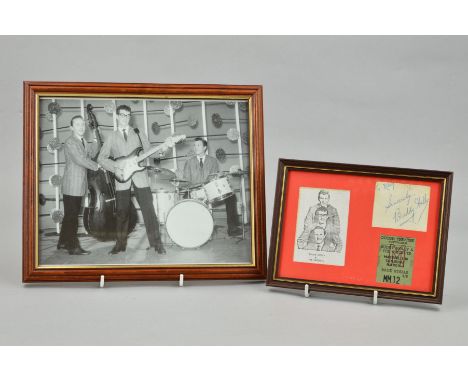 A BUDDY HOLLY AUTOGRAPH, a framed montage comprising a verso signed photograph of Buddy Holly and The Crickets and a ticket s