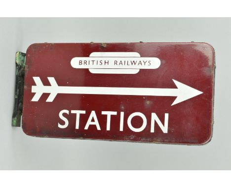 A BRITISH RAILWAY (M) ENAMEL DOUBLE SIDED STATION DIRECTION SIGN, British Railways in totem and arrow in white on maroon back