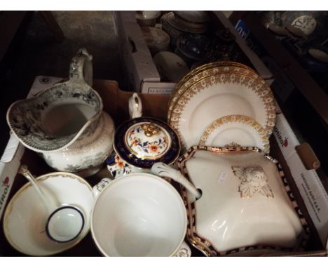 A Woods & Sons 'Windsor' pattern lidded tureen and ladle an opaque china water jug decorated with castle scene plus other Vic