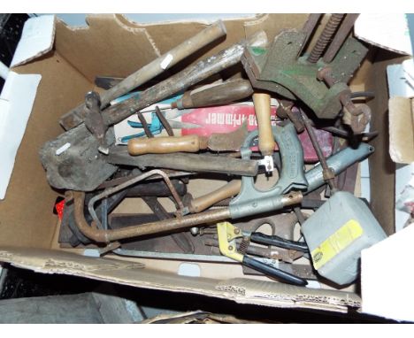 A box of vintage tools to include mortice gauges, squares, saws, screwdrivers etc