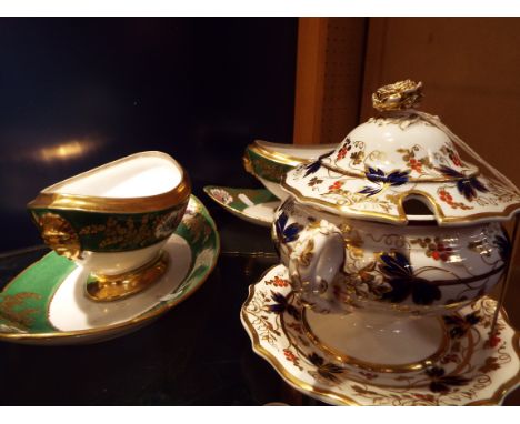 A late 19thC grape and vine gilt decorated lidded twin handled tureen on stand possibly Denby together with a pair of green g