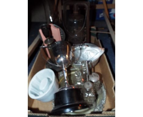 Two vintage lamps, jelly moulds etc 