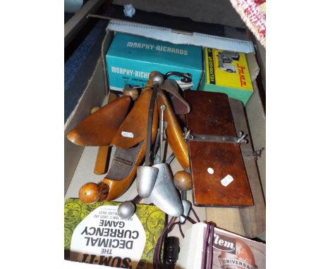 Miscellaneous items to include a vintage boxed Morphy-Richards iron, a boxed Clem travelling iron, early 20thC wooden shoe la