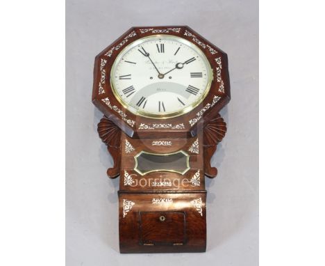 Barnby &amp; Rust, Market Place, Hull. An early Victorian mother of pearl inset rosewood drop dial wall clock, 28in.