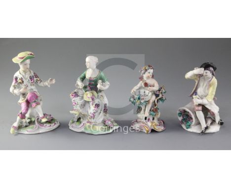 A pair of Derby 'Pale Family' figures of a seated gentleman and a lady, c.1755-58 and two Bow figures, the Derby figures pain