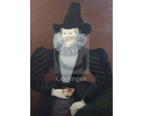 Mid 17th century English Schooloil on wood panelHalf length portrait of a lady wearing a ruff collar and memorial ring, and h