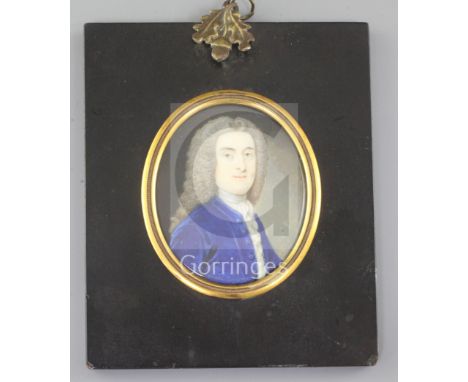 18th century English Schooloil on ivoryPortrait miniature of a gentlemanmonogrammed RL and dated 17373 x 2.5in.