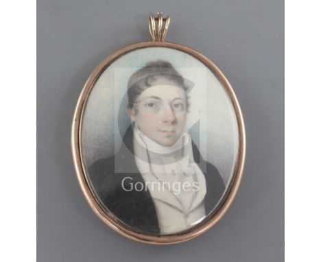 Early 19th century English Schooloil on ivoryMiniature portrait of a gentleman wearing a black coat2.75 x 2.25in.