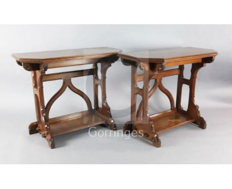 Attributed to A.W.N. Pugin. A pair of mid 19th century Reformed Gothic oak serving tables, probably made by J.G. Crace, each 