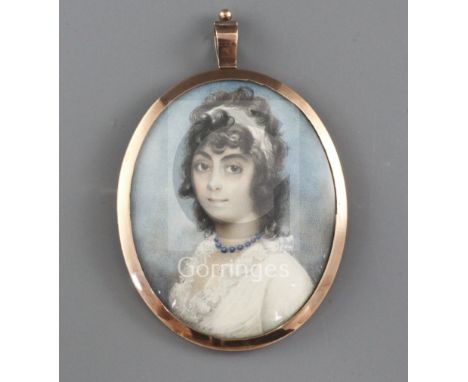 18th century English Schooloil on ivoryMiniature portrait of a lady wearing a blue bead necklace2.5 x 2in.