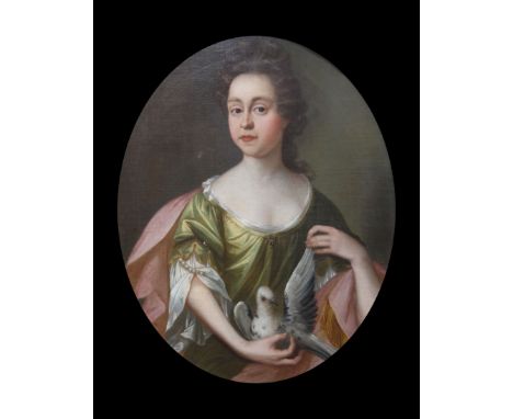 Attributed to Mary Beale (1633-1699) oil on canvas, Portrait of a young lady holding a bird.&nbsp;30 x 25in.