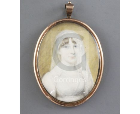 Early 19th century English Schooloil on ivoryMiniature portrait of a bride2.5 x 1.75in.