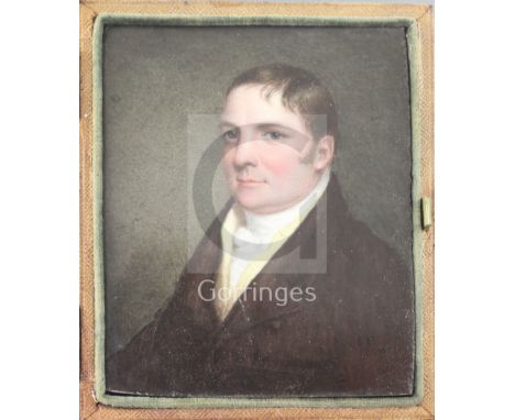 W. Gordon 1822enamel on porcelainPortrait miniature of a gentlemansigned verso and dated 18223.25 x 2.75in., leather cased