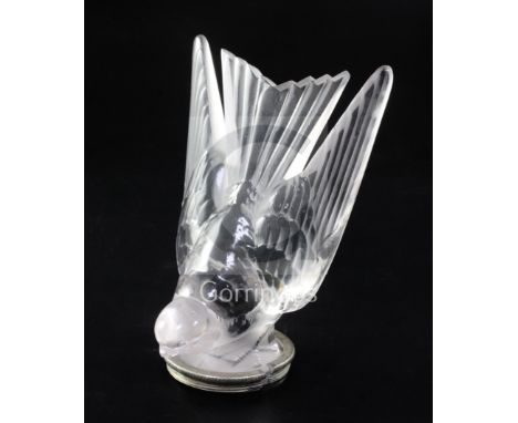 Hirondelle/Swallow. A glass mascot by René Lalique, introduced on 10/2/1928, No.1143 in clear and frosted glass with a slight