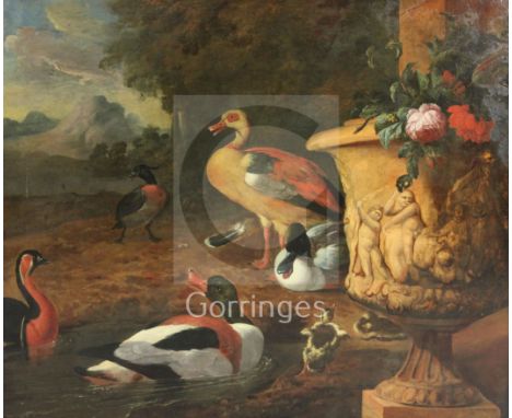 Wilhem Frederik van Royen (1645-1723)oil on canvasDucks and chicks beside an urn, landscape beyondindistinctly signed R. Roye
