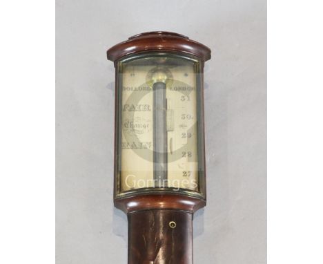 Dollond of London. A Regency mahogany bowfront stick barometer, with signed silvered scale and mercury thermometer, 3ft 2in.