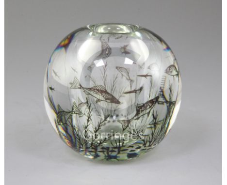 Edward Hald (1883-1980) for Orrefors. A Graal glass paperweight vase, c.1955, internally decorated with fish swimming amid re