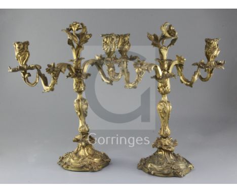 A pair of 19th century French Louis XVI style ormolu candelabra, with scrolling branches and insect motifs to the bases, heig