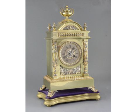 A 19th century French gilt and silvered mantel clock of architectural form with unsigned movement 17.5in.