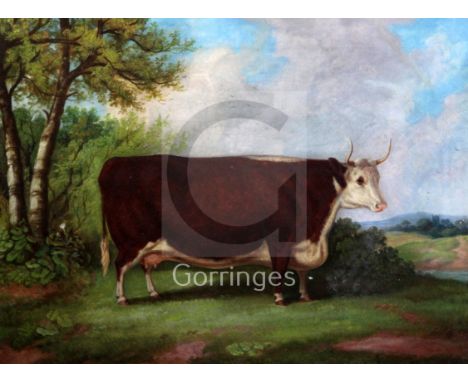 Richard Whitford (c.1821-1890)oil on canvasPortrait of a prize cow standing in a landscape18 x 24in.