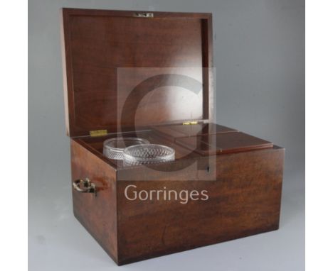 A large Regency mahogany tea caddy, of plain rectangular form, the lid opening to reveal two cut glass bowls and two large ca