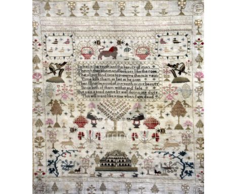 A George III needlework sampler, depicting gardens, birds, insects, a lion, stags and verse, together with Wyllie family name