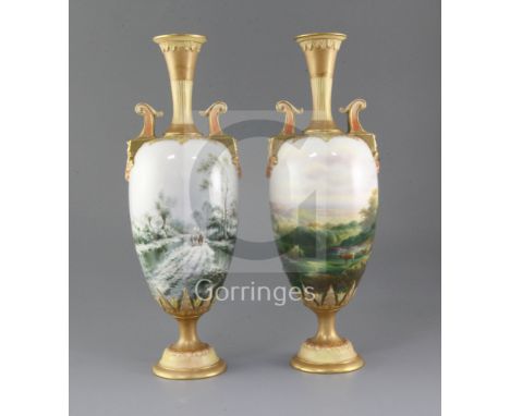 Harry Davis for Royal Worcester. A rare pair of 'Summer' and 'Winter' vases, the Summer scene vase painted with deer in a hea