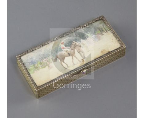 A French engine-turned silver-gilt rectangular box inset a racing scene watercolour, inscribed from Queen Alexandra to Julia 