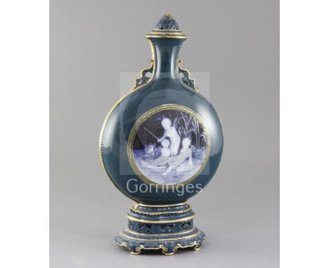 A Mintons pate-sur-pate earthenware flask and cover, by Lawrence Birks decorated with cherubs fishing on lily pads, the reser