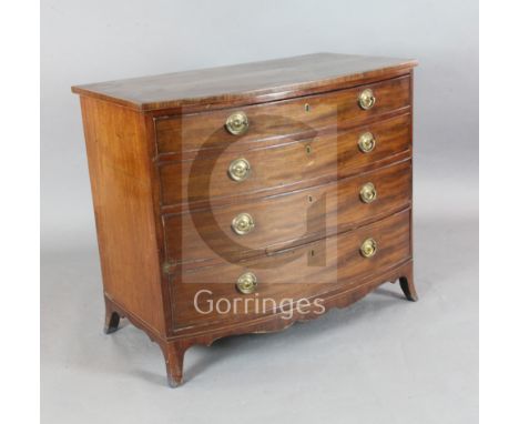 A Regency mahogany bowfront chest, of four graduated long drawers, on swept bracket feet, W.3ft 2.5in. D.1ft 10.5in. H.2ft 9i